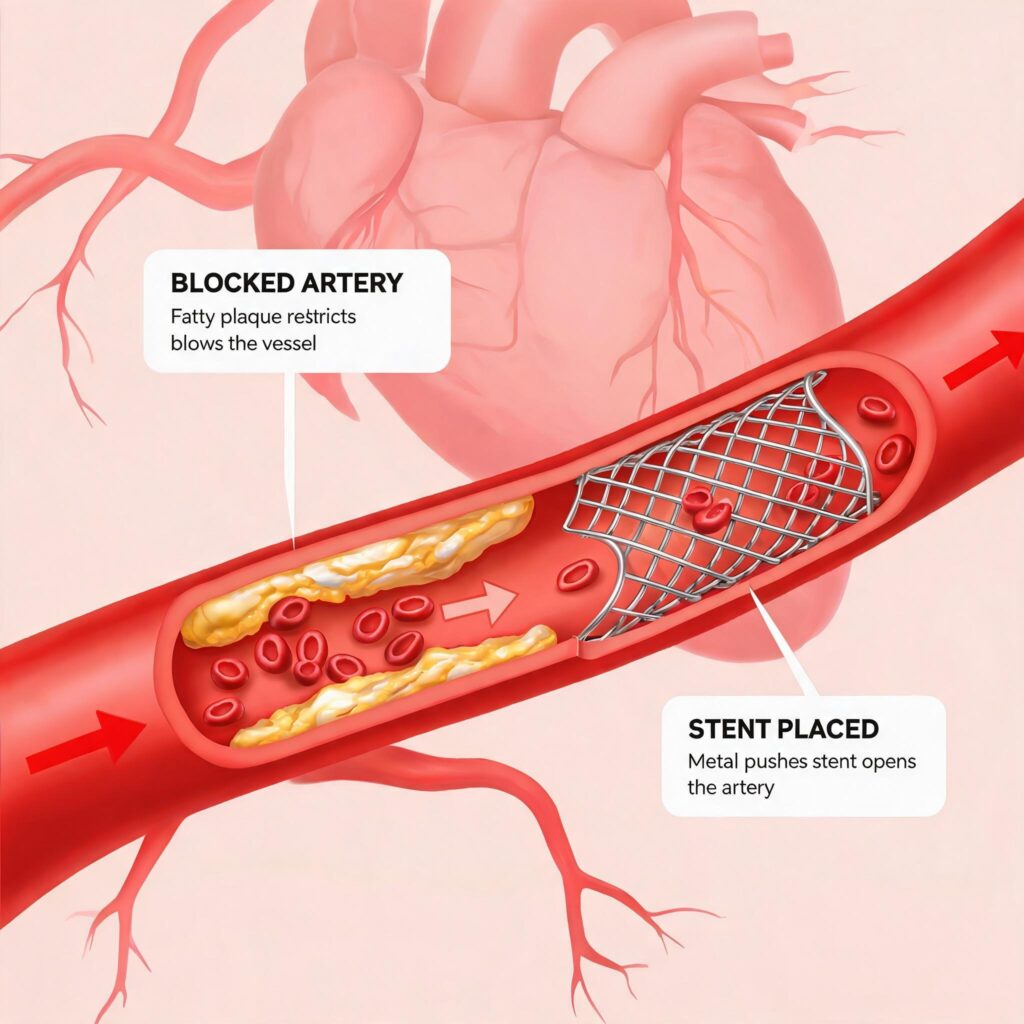 Coronary artery angioplasty and heart stent illustration